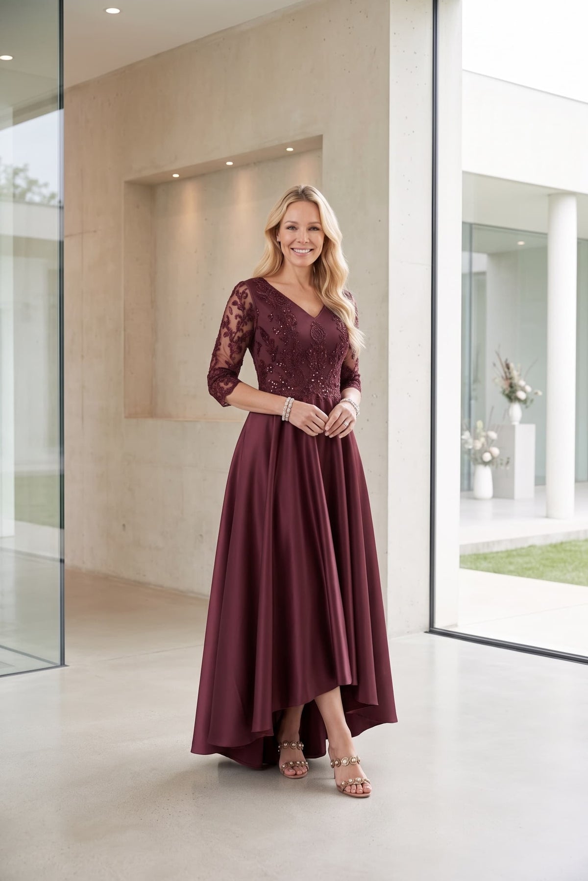 A-Line Midi Satin Mother Dress CM0263 - Burgundy - COCOMELODY