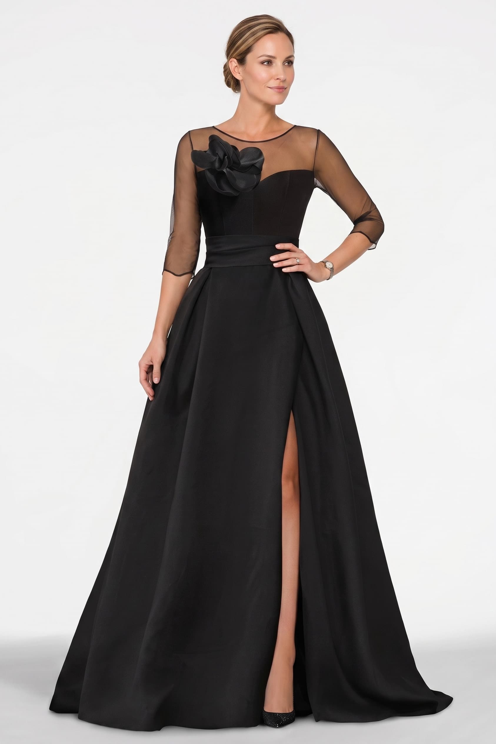 A Line Sweetheart 3/4 Sleeves High Split Mother Dresses CM0338 - M-Black - COCOMELODY