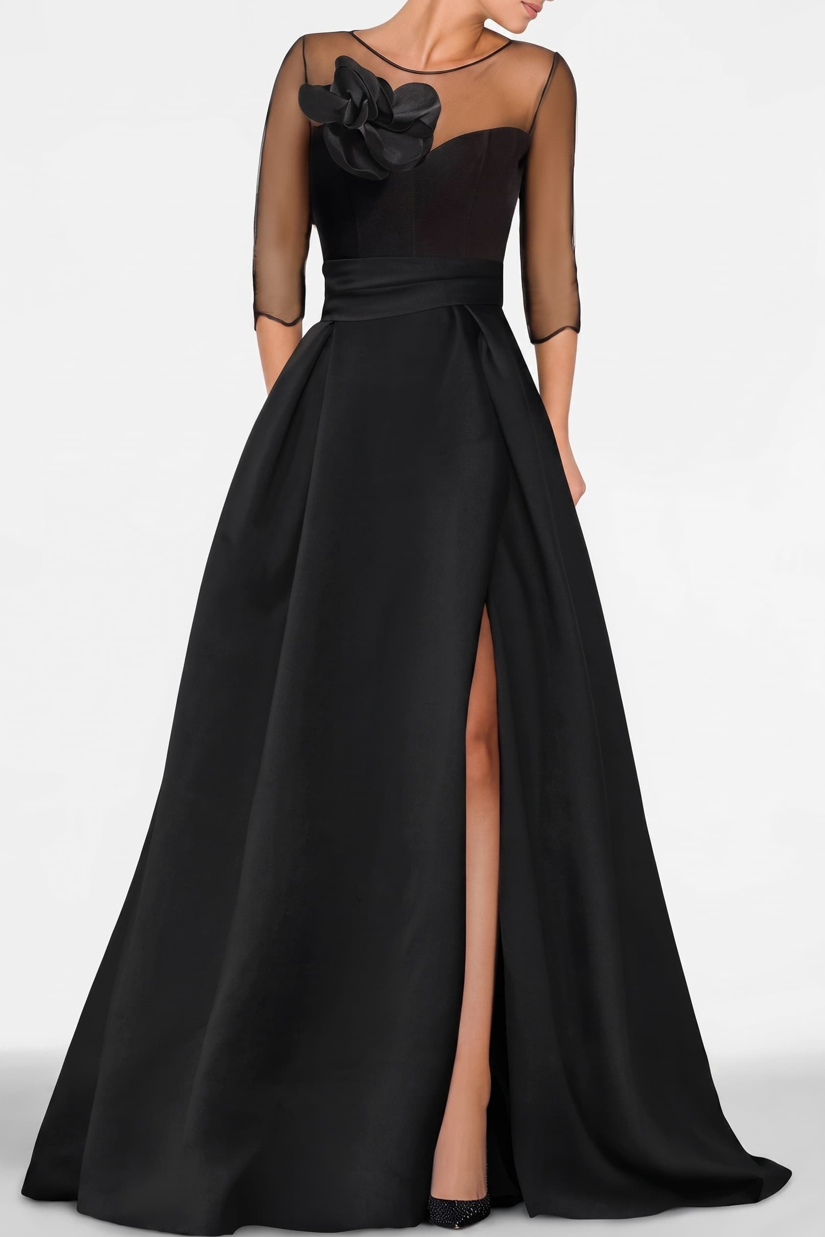 A Line Sweetheart 3/4 Sleeves High Split Mother Dresses CM0338 - M-Black - COCOMELODY