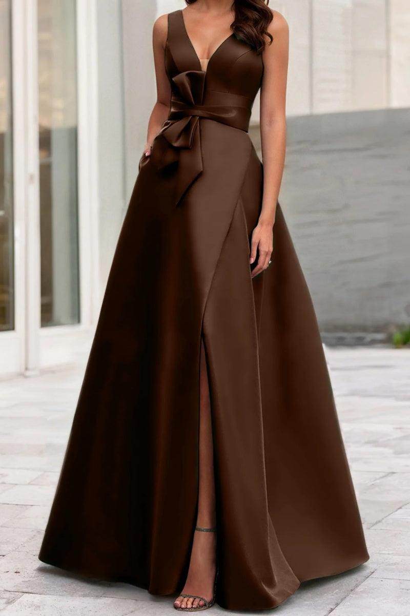 Satin Floor Length A-Line Formal Mother of The Bride Dresses V-Neck Bowknot Formal Gown COCOMELODY CM0341, M-RUST Satin Floor Length A-Line Formal Mother of The Bride Dresses V-Neck Bowknot Formal Gown COCOMELODY CM0341, M-RUST