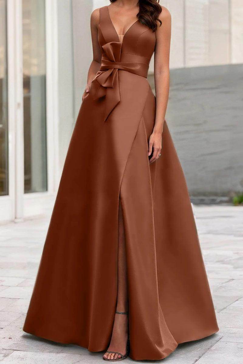 Satin Floor Length A-Line Formal Mother Of The Bride Dresses V-Neck Bowknot Formal Gown COCOMELODY CM0341, M-Rust Satin Floor Length A-Line Formal Mother Of The Bride Dresses V-Neck Bowknot Formal Gown COCOMELODY CM0341, M-Rust