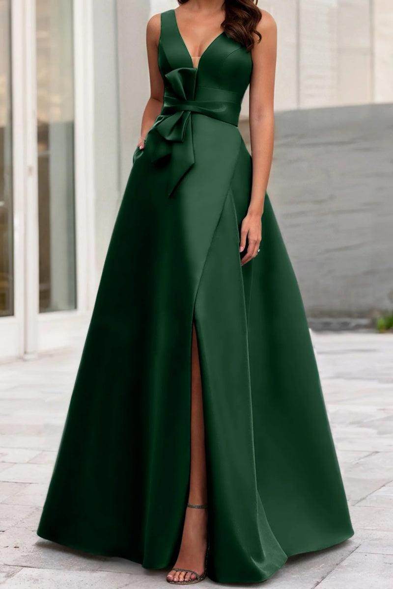 Satin Floor Length A-Line Formal Mother Of The Bride Dresses V-Neck Bowknot Formal Gown COCOMELODY CM0341, M-Dark Green Satin Floor Length A-Line Formal Mother Of The Bride Dresses V-Neck Bowknot Formal Gown COCOMELODY CM0341, M-Dark Green