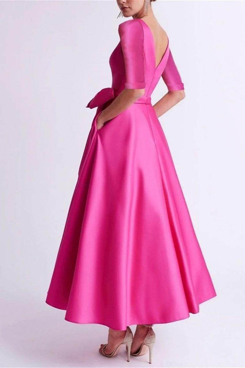 A-Line Tea Length Satin Mother of the Bride Dresses COCOMELODY CM0344, Hot Fuchsia A-Line Tea Length Satin Mother of the Bride Dresses COCOMELODY CM0344, Hot Fuchsia