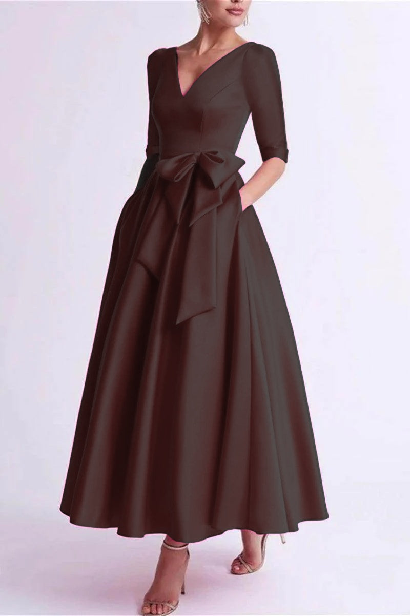 A Line V Neck 3/4 Length Sleeve Tea Length Satin Mother Dresses CM0344
