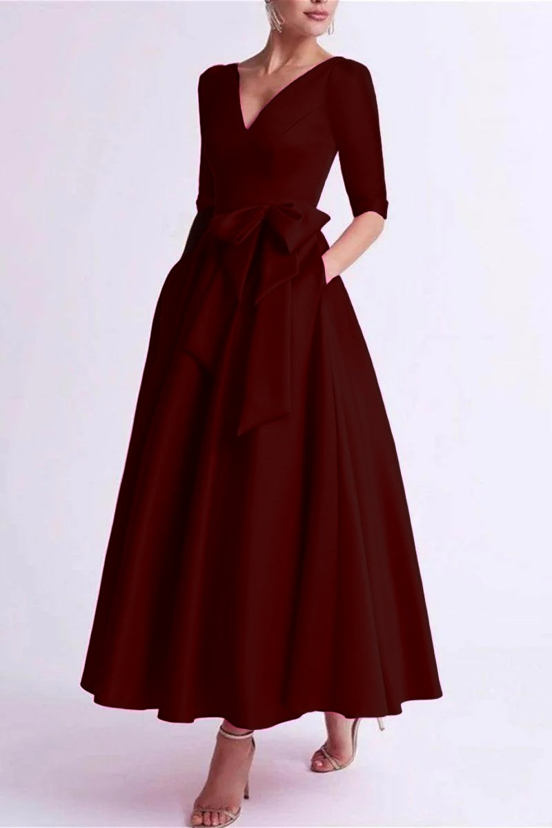 A Line V Neck 3/4 Length Sleeve Tea Length Satin Mother Dresses CM0344