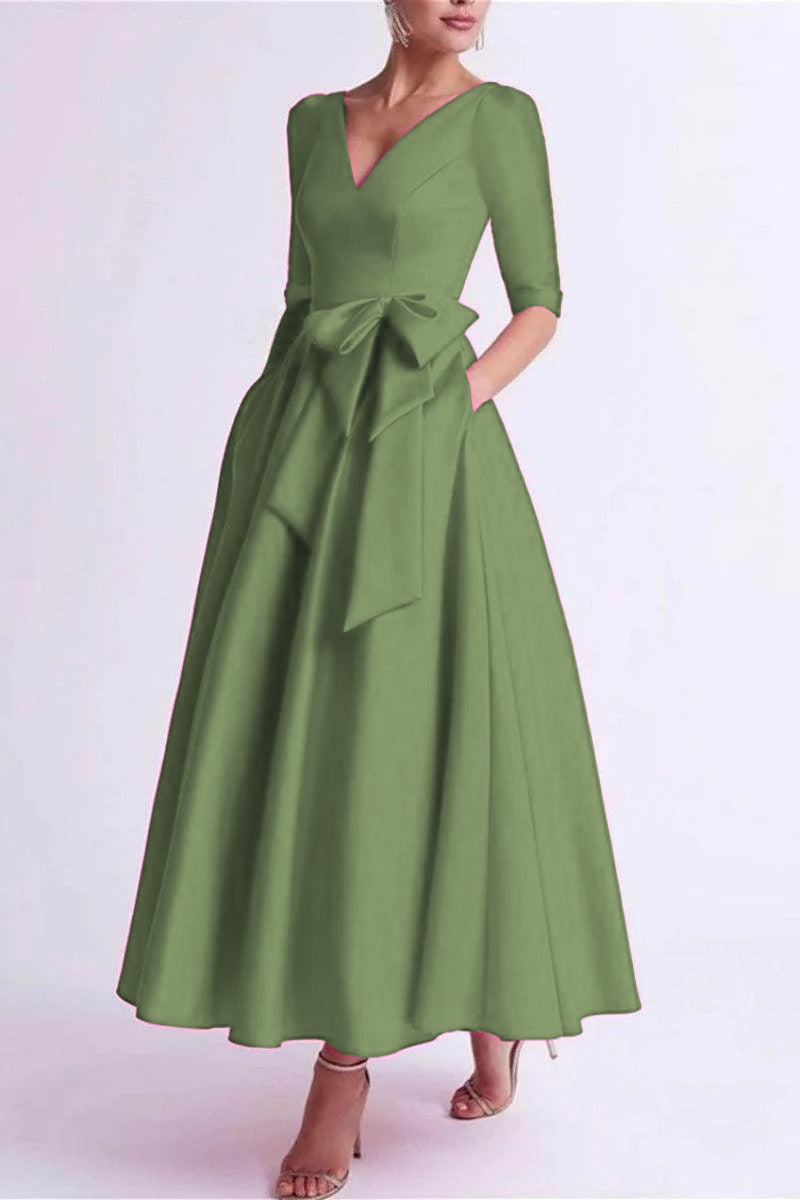 A Line V Neck 3/4 Length Sleeve Tea Length Satin Mother Dresses CM0344