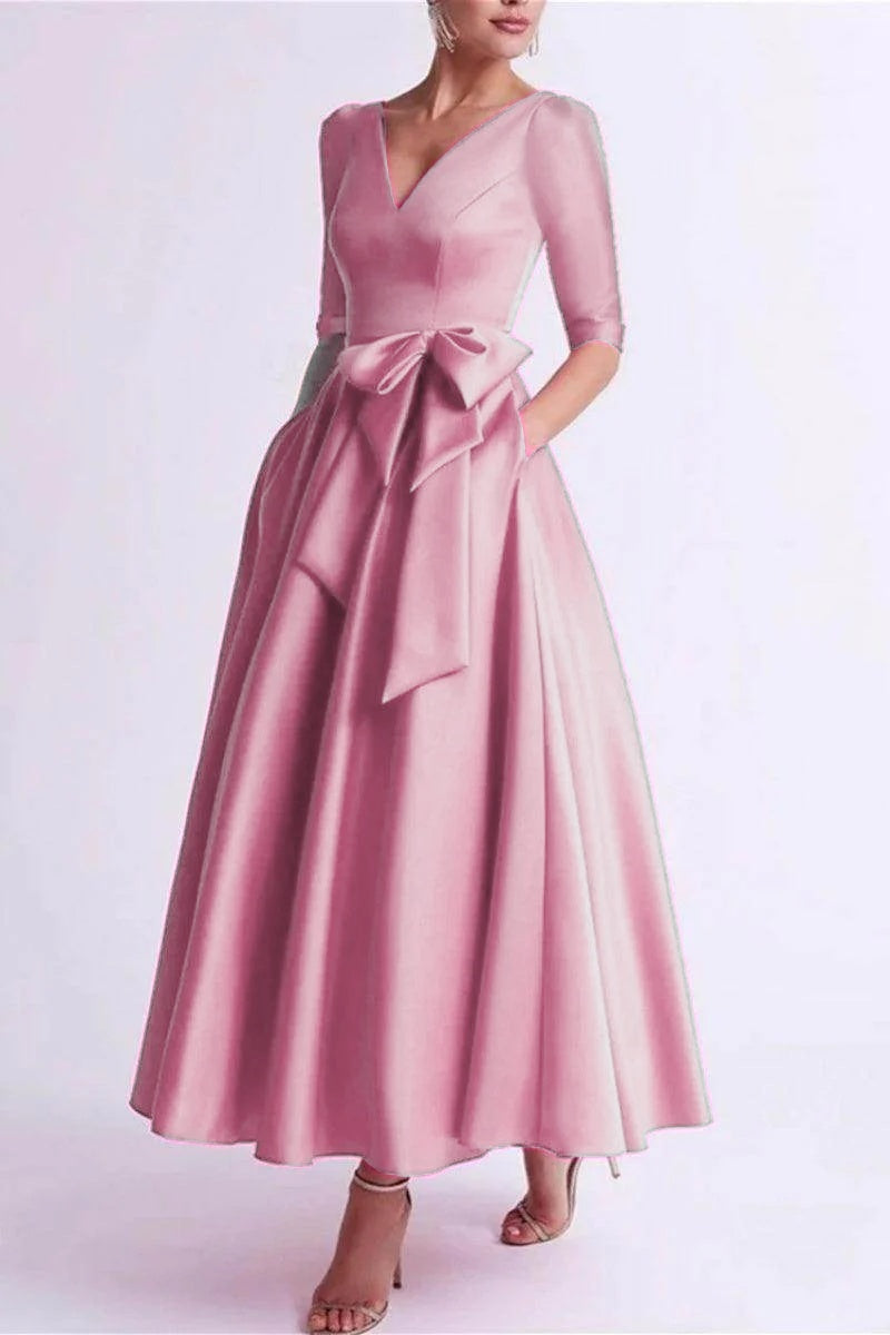 A Line V Neck 3/4 Length Sleeve Tea Length Satin Mother Dresses CM0344