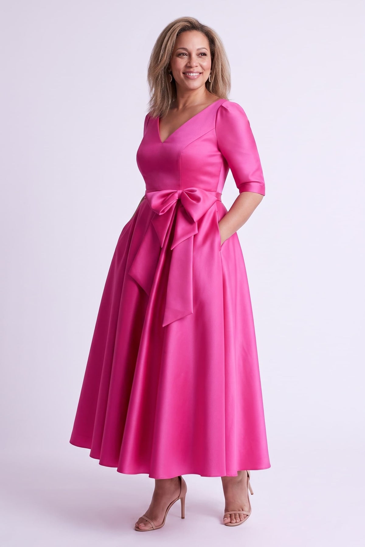 A Line V Neck 3/4 Length Sleeve Tea Length Satin Mother Dresses CM0344 - Hot Pink - COCOMELODY