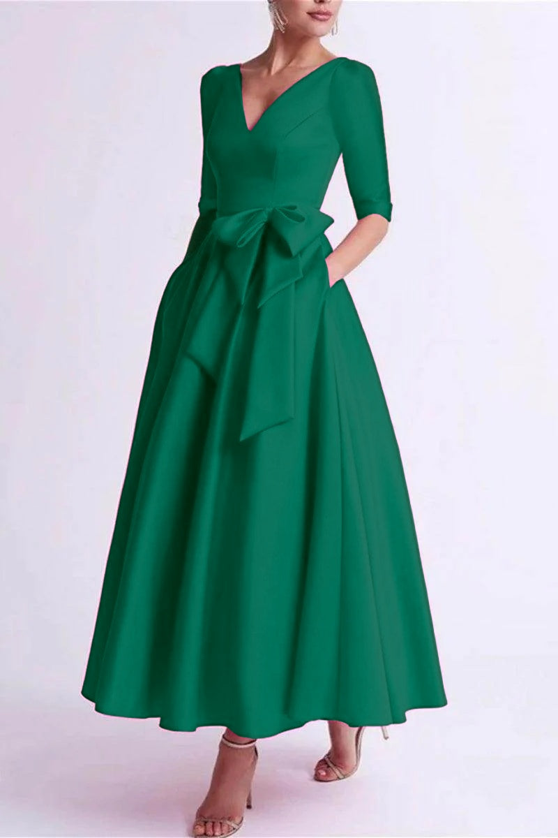 A Line V Neck 3/4 Length Sleeve Tea Length Satin Mother Dresses CM0344