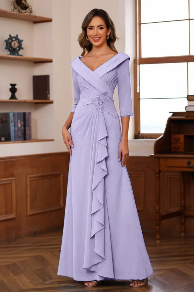 V Neck 3/4 Length Sleeves Floor Length Unique Mother Dresses CM0345