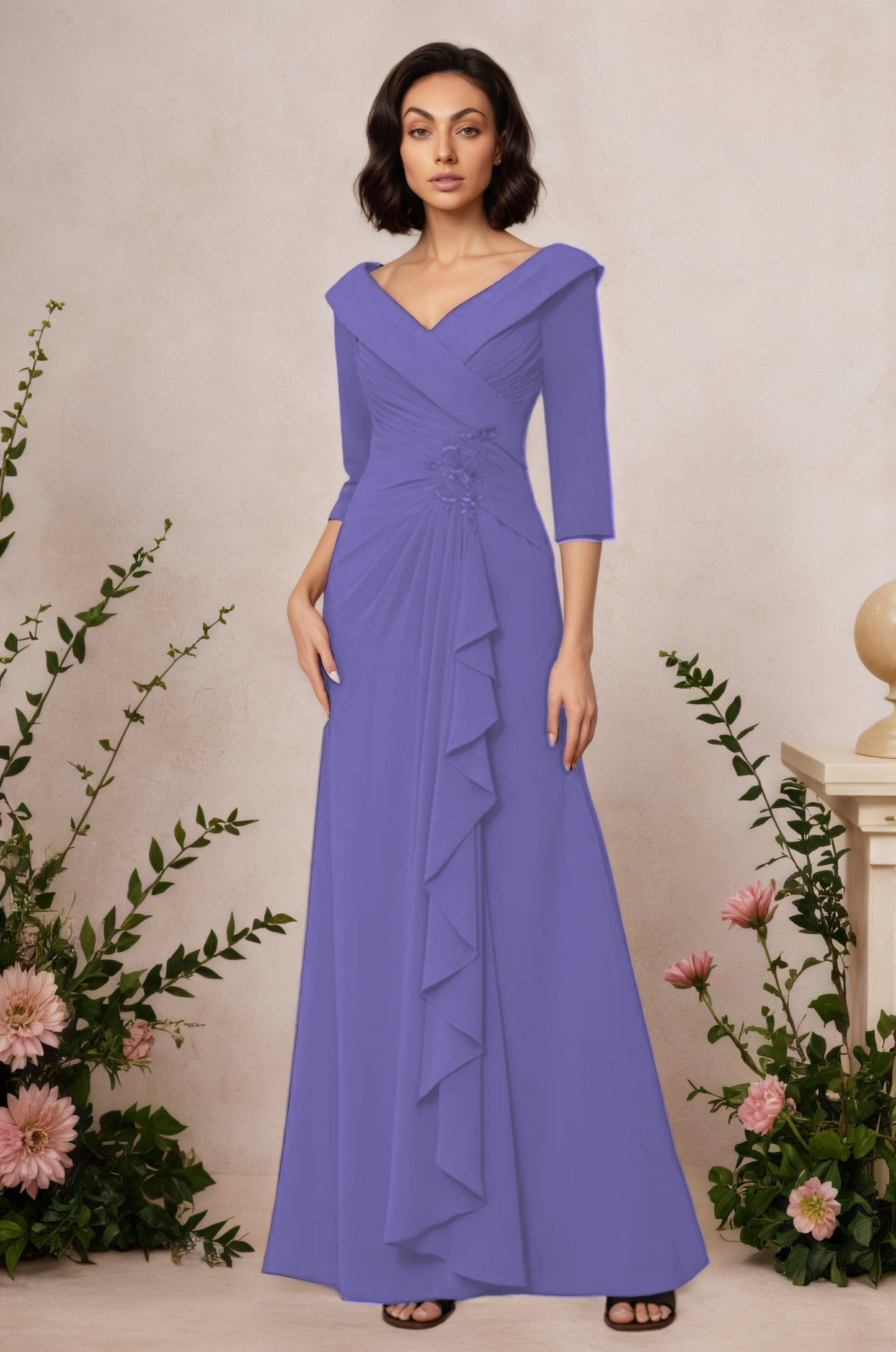 V Neck 3/4 Length Sleeves Floor Length Unique Mother Dresses CM0345