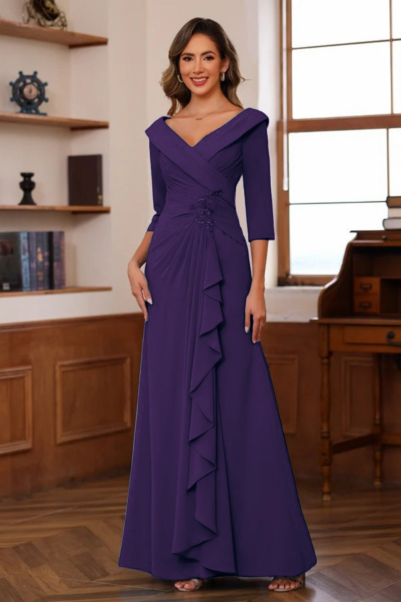 V Neck 3/4 Length Sleeves Floor Length Unique Mother Dresses CM0345