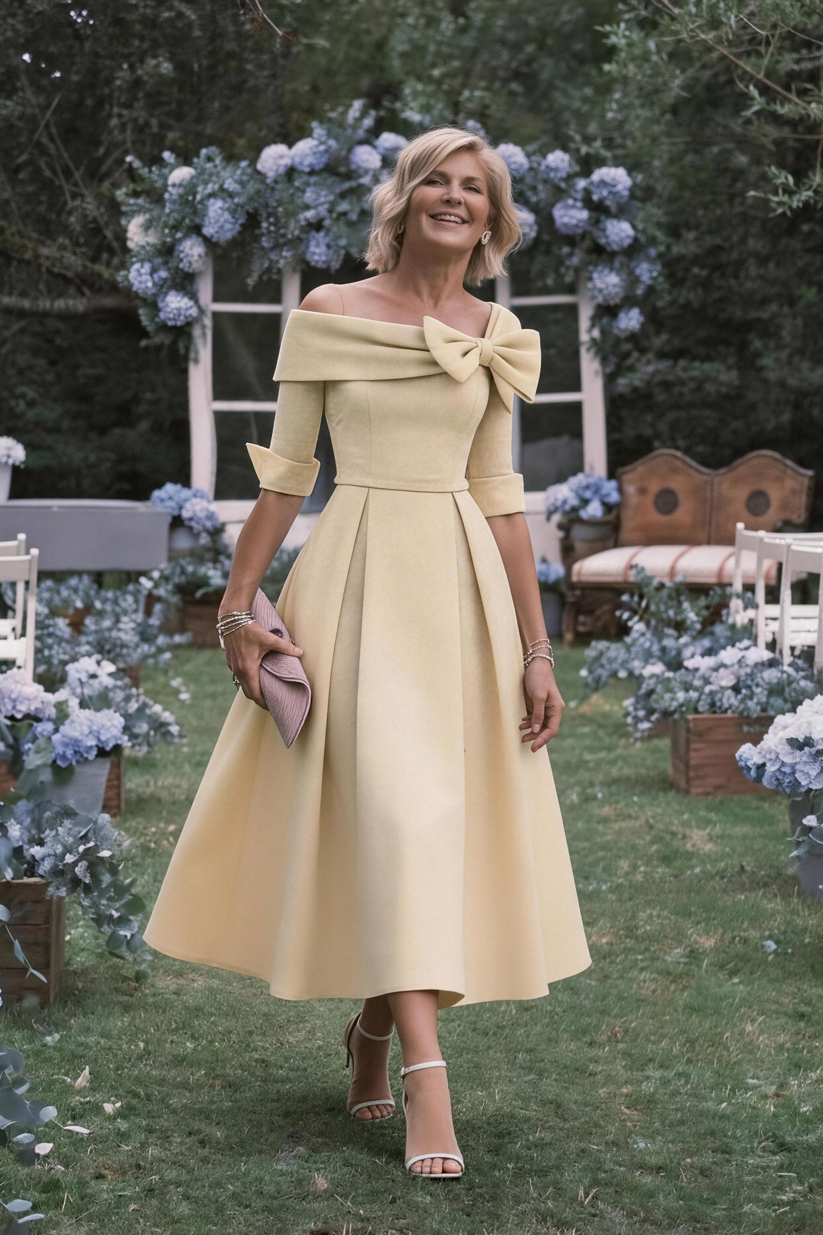 Mother of the Bride Dress Satin A-Line Tea Length Cowl Neck Bow Formal Gown with Bow COCOMELODY CM0348, Mauve Mother of the Bride Dress Satin A-Line Tea Length Cowl Neck Bow Formal Gown with Bow COCOMELODY CM0348, Mauve