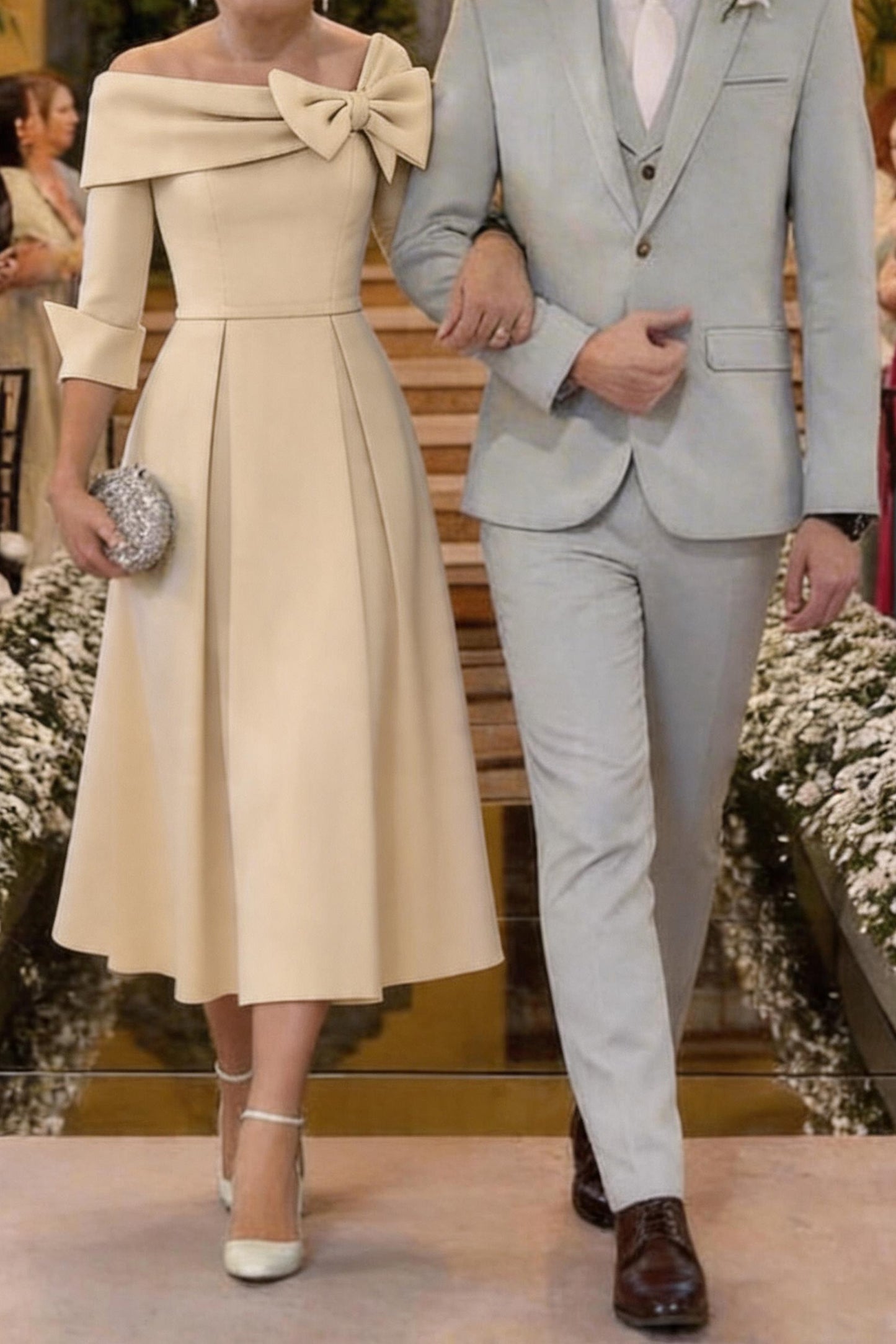 A Line Cowl Neck 3/4 Sleeves Tea Length Elegant Mother Dresses CM0348