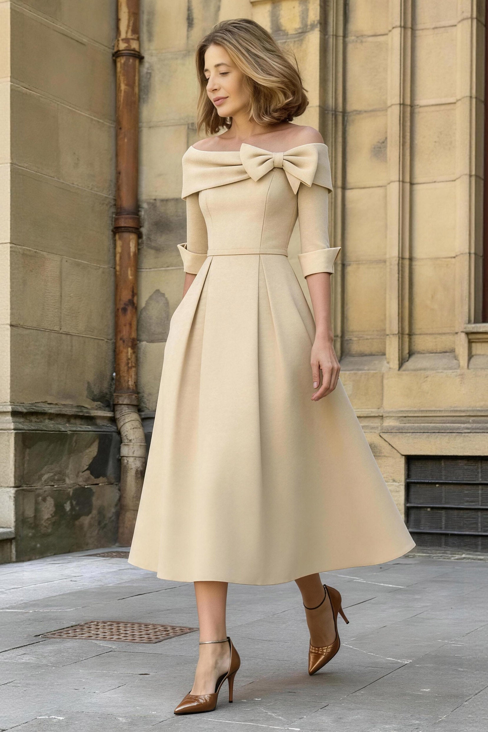 Elegant Mother of The Bride Dress Satin A-Line Tea Length Cowl Neck Bow Formal Gown COCOMELODY CM0348, Mauve Elegant Mother of The Bride Dress Satin A-Line Tea Length Cowl Neck Bow Formal Gown COCOMELODY CM0348, Mauve