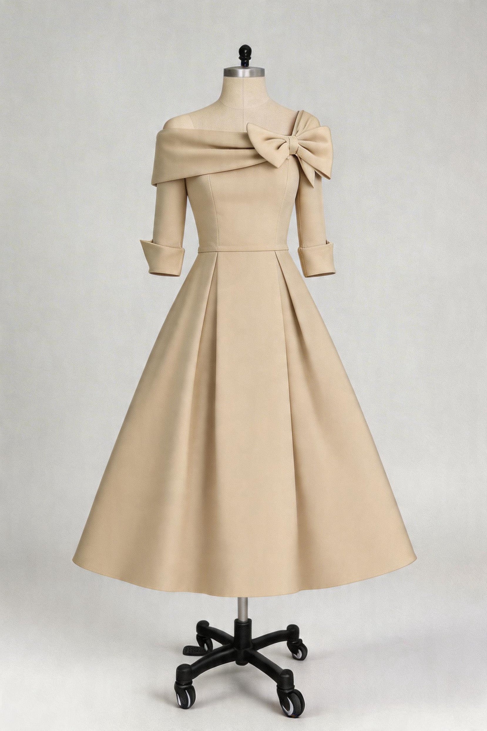 Mother of the Bride Dress Satin A-Line Tea Length Cowl Neck Bow Formal Gown with Bow COCOMELODY CM0348, Mauve Mother of the Bride Dress Satin A-Line Tea Length Cowl Neck Bow Formal Gown with Bow COCOMELODY CM0348, Mauve