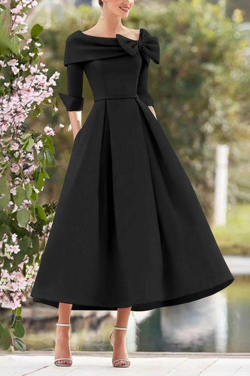 Mother of the Bride Dress Satin A-Line Tea Length Cowl Neck Bow Formal Gown COCOMELODY CM0348 Mother of the Bride Dress Satin A-Line Tea Length Cowl Neck Bow Formal Gown COCOMELODY CM0348