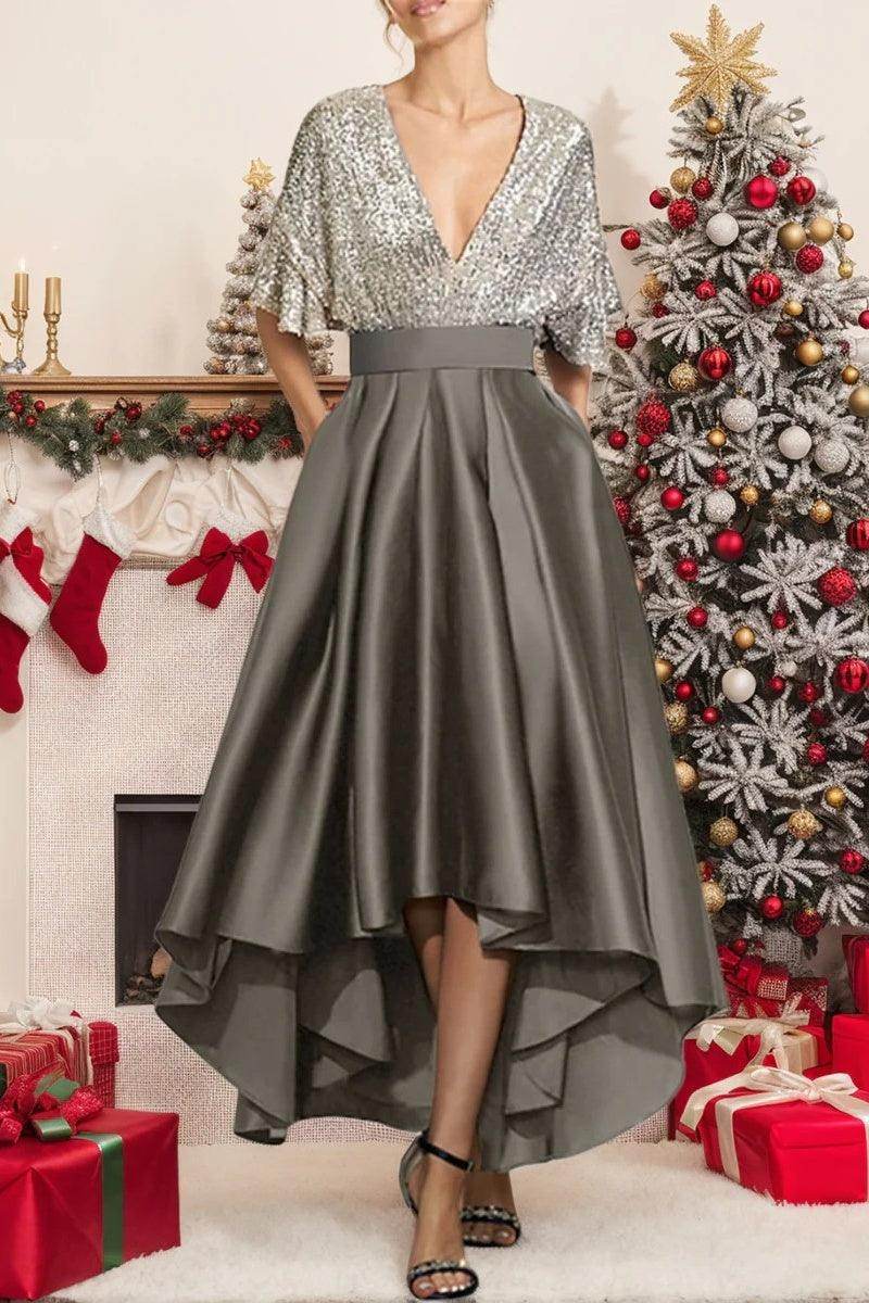A Line V Neck Half Sleeves Asymmetrical Mother of the Bride Dresses CM0356 - COCOMELODY
