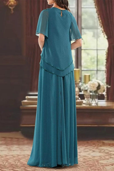 A Line Jewel Neck Short Sleeves Floor Length Mother Dress CM0363 - COCOMELODY