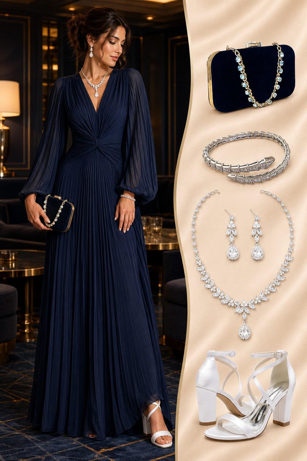 A Line V-Neck Mother of the Bride Dresses with Ruched CM0367 - M-Navy Blue - COCOMELODY