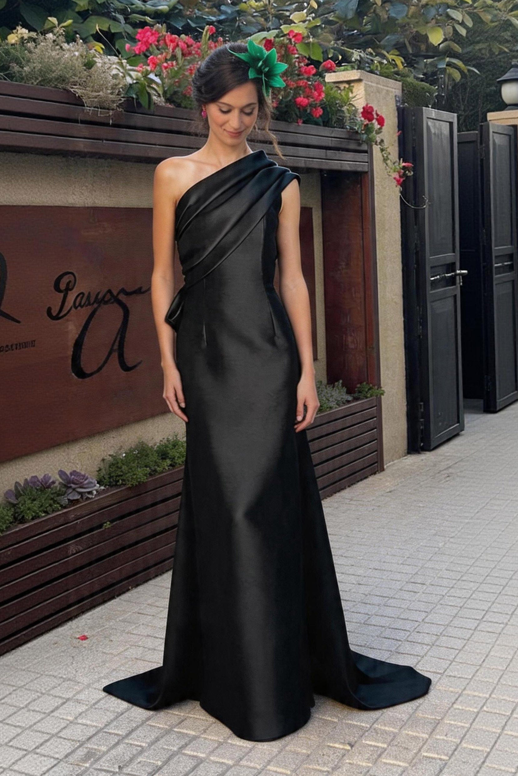Sheath Floor Length Satin Navy Mother Dress One Shoulder Bowknot Elegant Formal Gown COCOMELODY CM0372 Sheath Floor Length Satin Navy Mother Dress One Shoulder Bowknot Elegant Formal Gown COCOMELODY CM0372