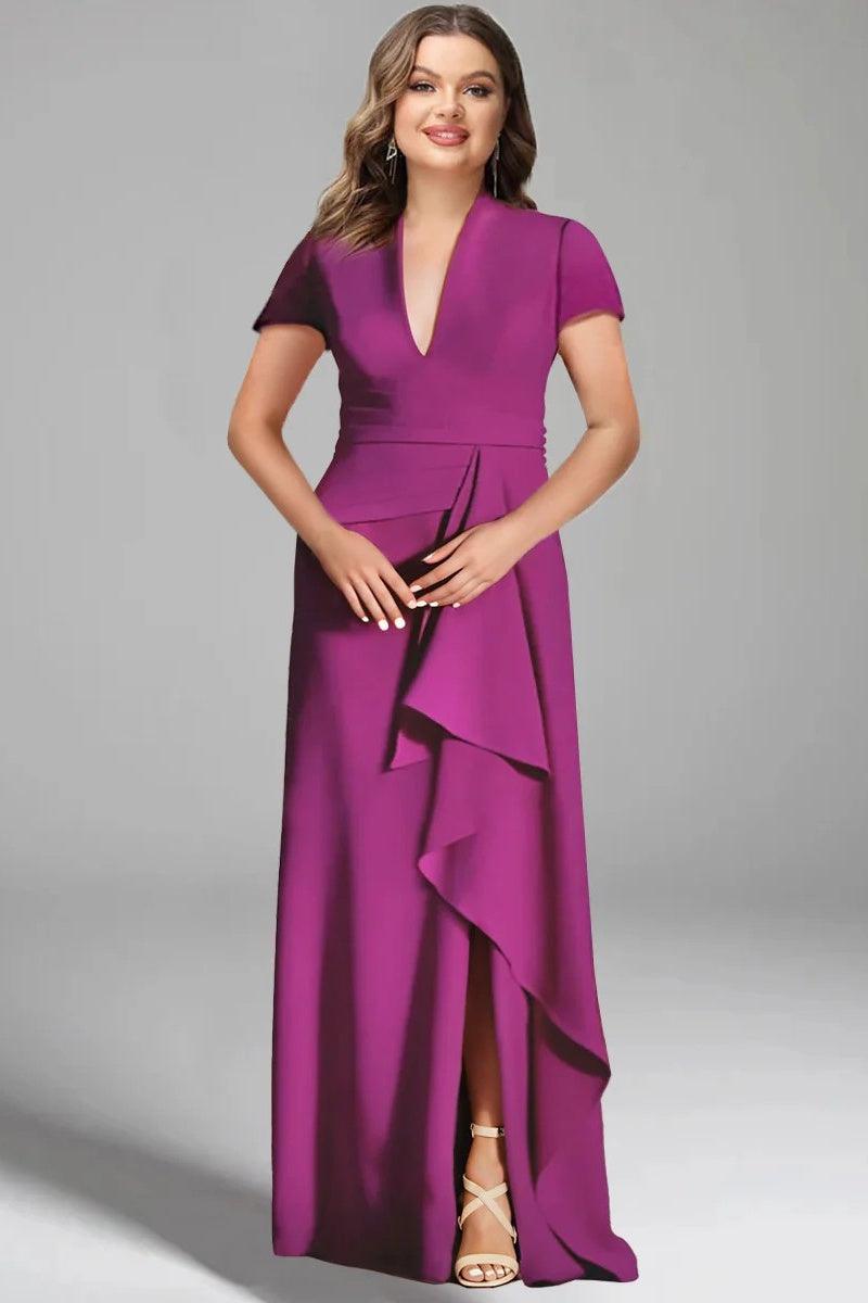 Sheath Column V Neck Short Sleeves Floor Length Mother Dresses CM0377 - COCOMELODY