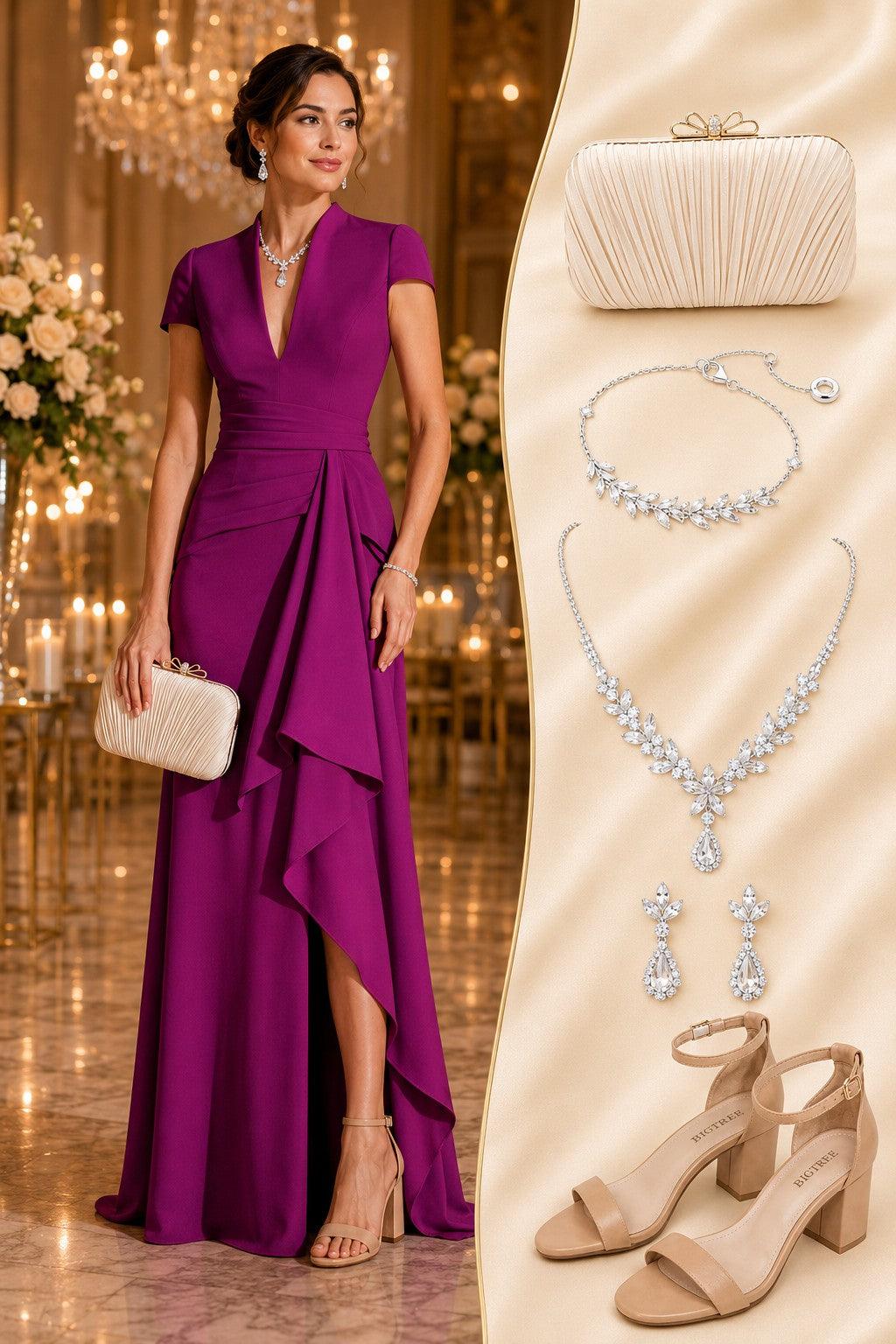 Sheath Column V Neck Short Sleeves Floor Length Mother Dresses CM0377 - M-As Picture - COCOMELODY