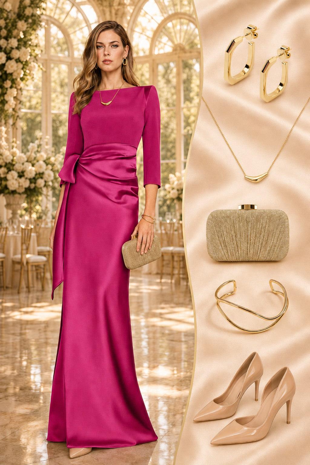 Sheath Scoop 3/4 Length Sleeves Floor Length Mother Dresses CM0380 - M-Fuchsia - COCOMELODY