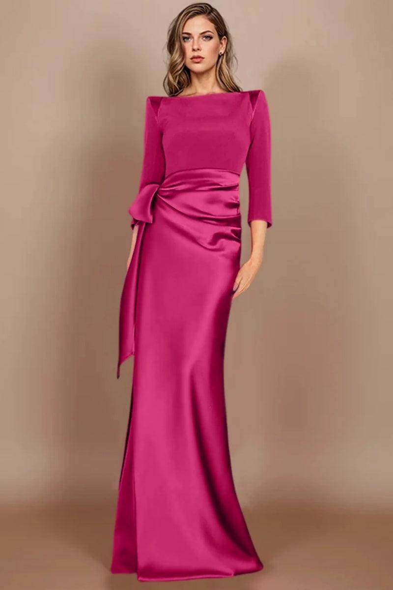 Elegant Mother Dress Sheath-Column Floor Length Satin Scoop Neck Bow Formal Gown COCOMELODY CM0380, M-Mist Blue