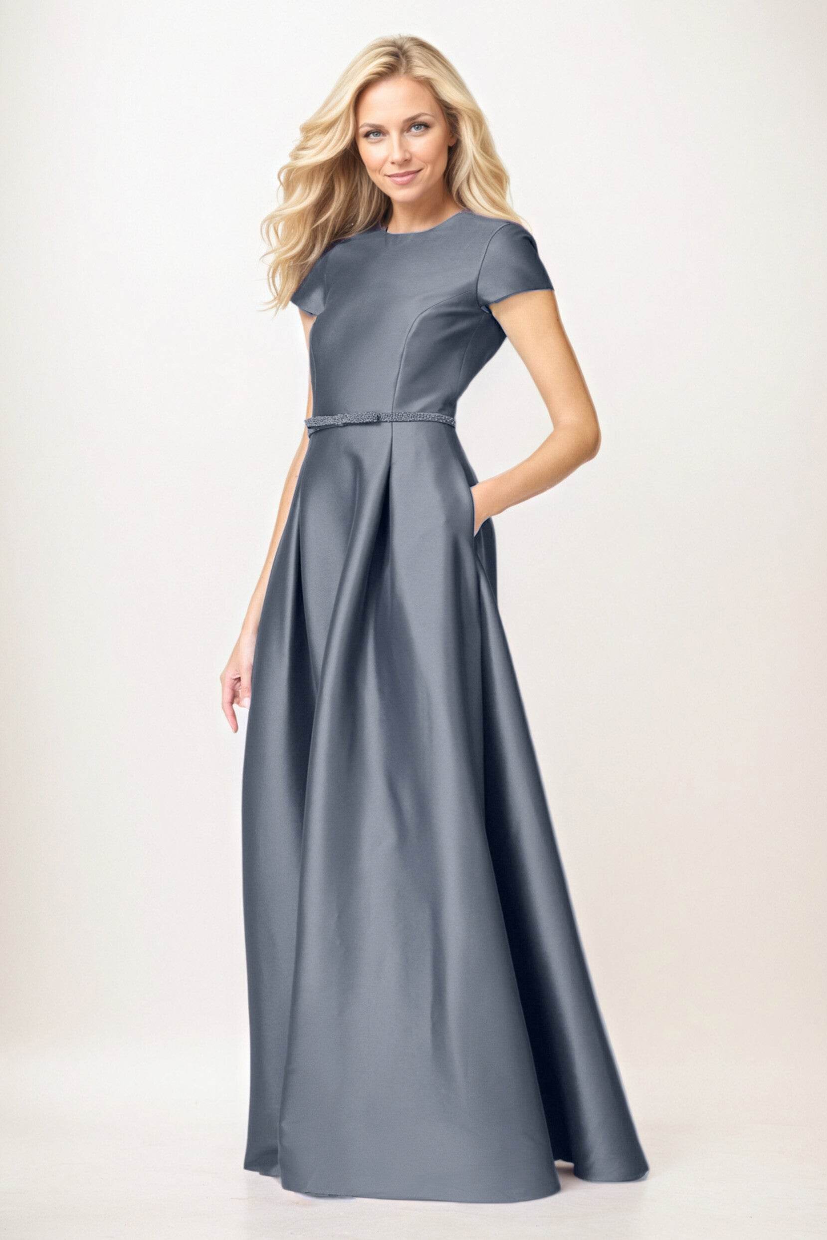 A-Line Maxi Satin Mother of the Bride Dresses Round Neck Short Sleeve Formal Gown COCOMELODY CM0400, Grey A-Line Maxi Satin Mother of the Bride Dresses Round Neck Short Sleeve Formal Gown COCOMELODY CM0400, Grey