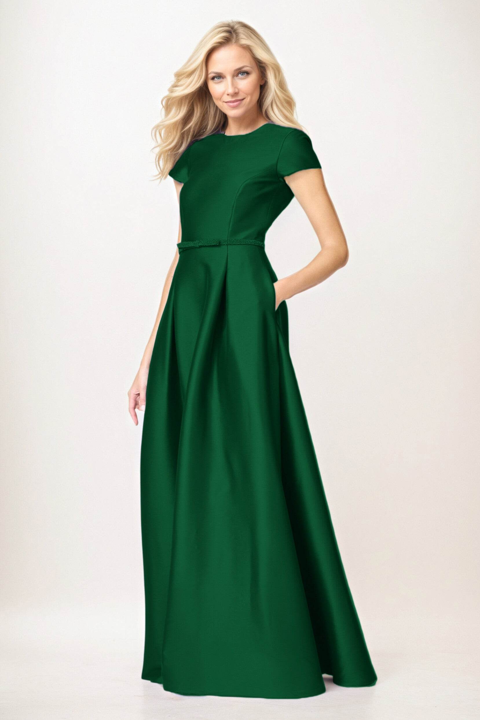 A-Line Maxi Satin Mother of the Bride Dresses Round Neck Short Sleeve Formal Gown COCOMELODY CM0400, Hunter Green A-Line Maxi Satin Mother of the Bride Dresses Round Neck Short Sleeve Formal Gown COCOMELODY CM0400, Hunter Green