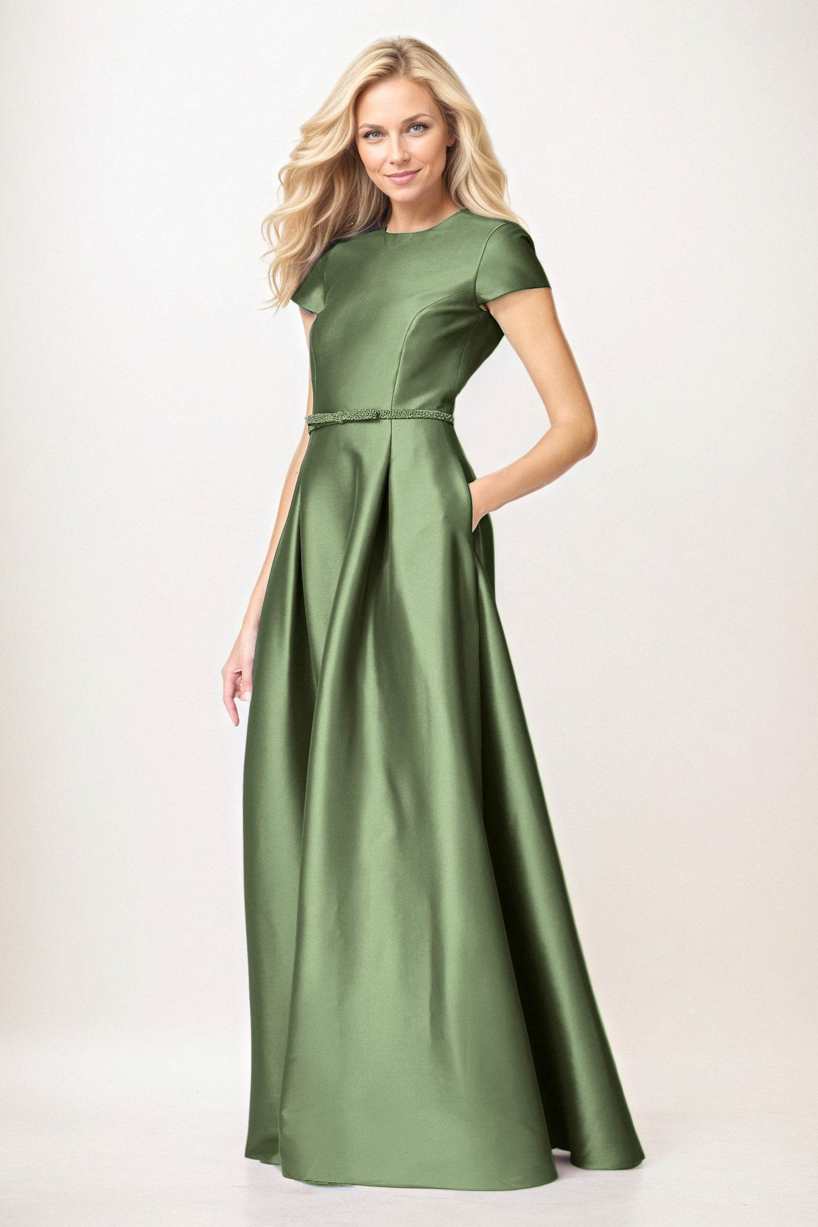 A-Line Maxi Satin Mother of The Bride Dresses Round Neck Short Sleeve Formal Gown COCOMELODY CM0400, Champagne A-Line Maxi Satin Mother of The Bride Dresses Round Neck Short Sleeve Formal Gown COCOMELODY CM0400, Champagne