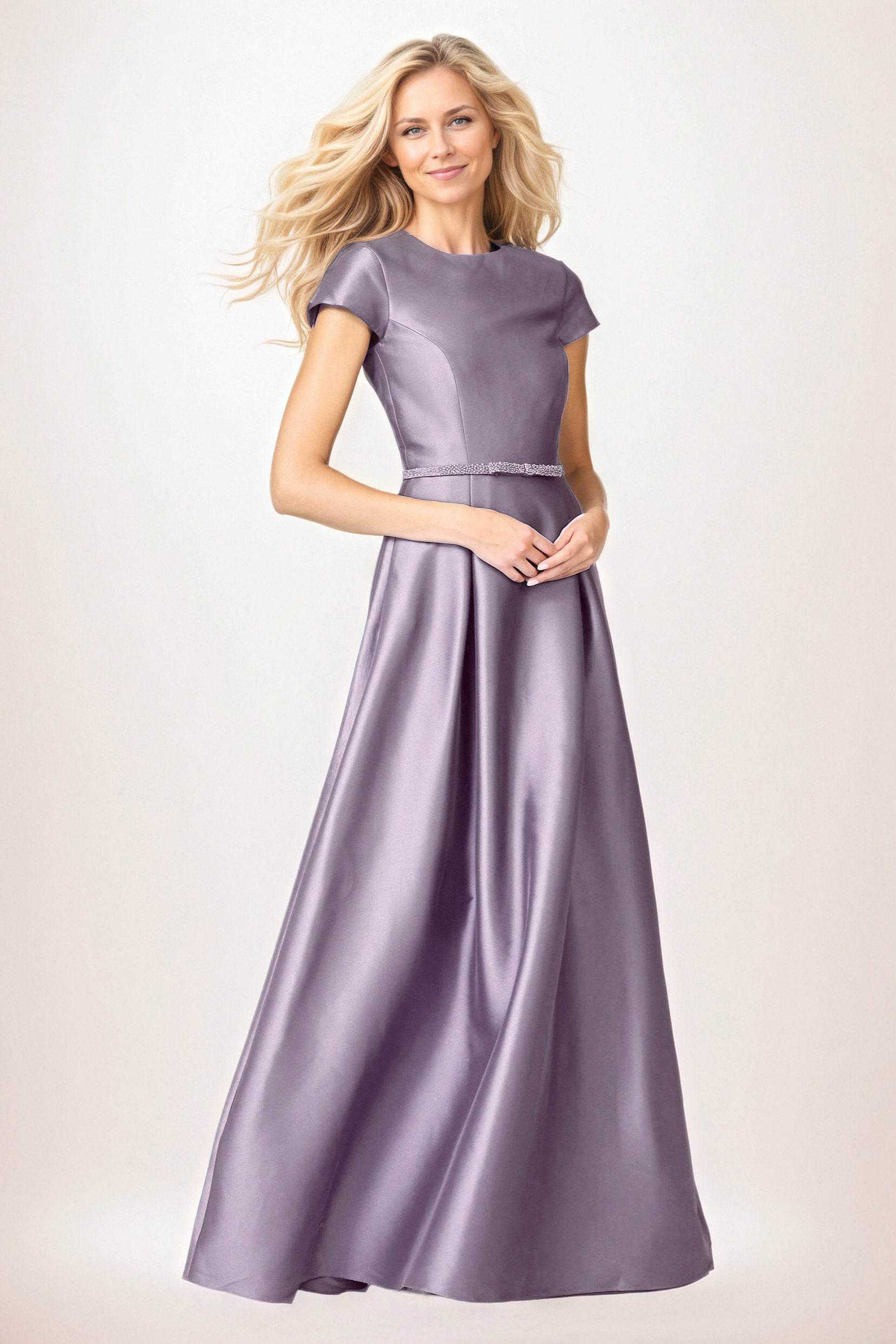 A-Line Maxi Satin Mother of The Bride Dresses Round Neck Short Sleeve Formal Gown COCOMELODY CM0400, Champagne A-Line Maxi Satin Mother of The Bride Dresses Round Neck Short Sleeve Formal Gown COCOMELODY CM0400, Champagne