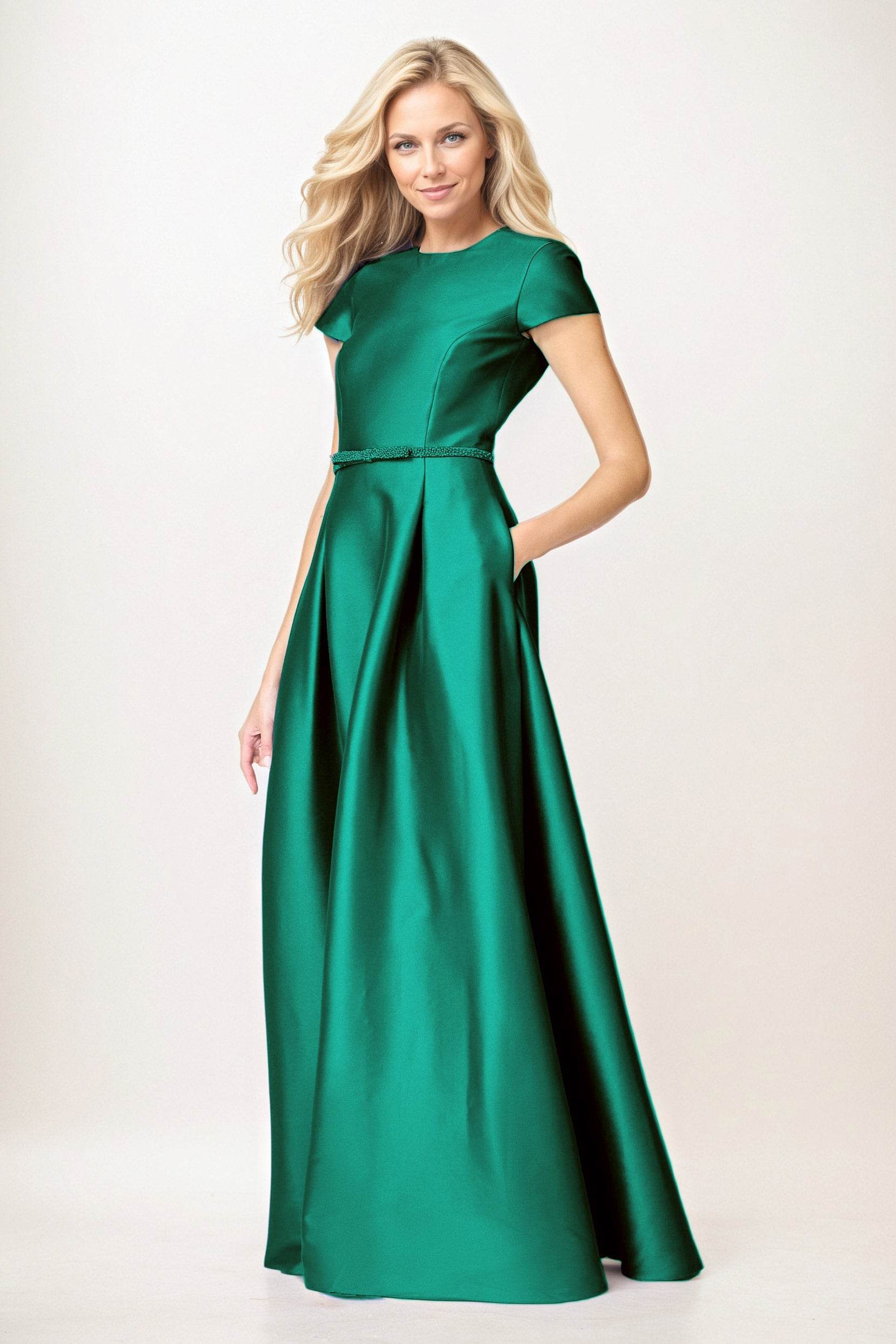 A-Line Maxi Satin Mother of the Bride Dresses Round Neck Short Sleeve Formal Gown COCOMELODY CM0400, Champagne A-Line Maxi Satin Mother of the Bride Dresses Round Neck Short Sleeve Formal Gown COCOMELODY CM0400, Champagne
