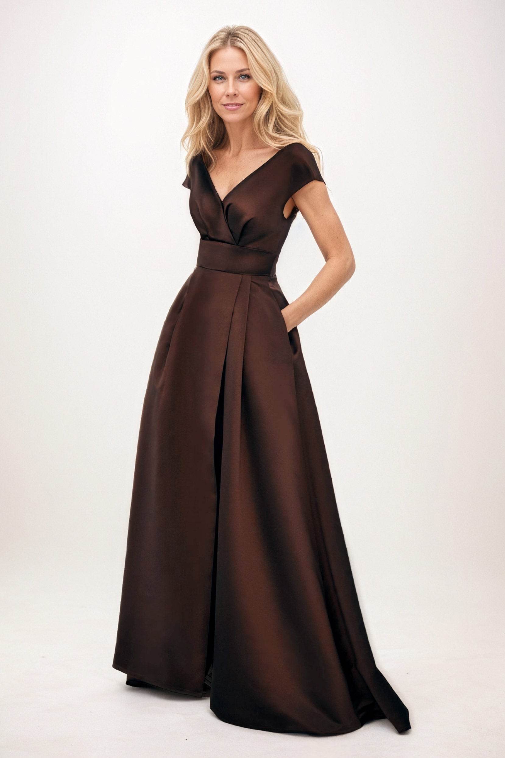 Satin Mother of Bride Dress with Short Sleeve Pockets V-Neck A-Line Maxi Formal Gown COCOMELODY CM0408, Purple