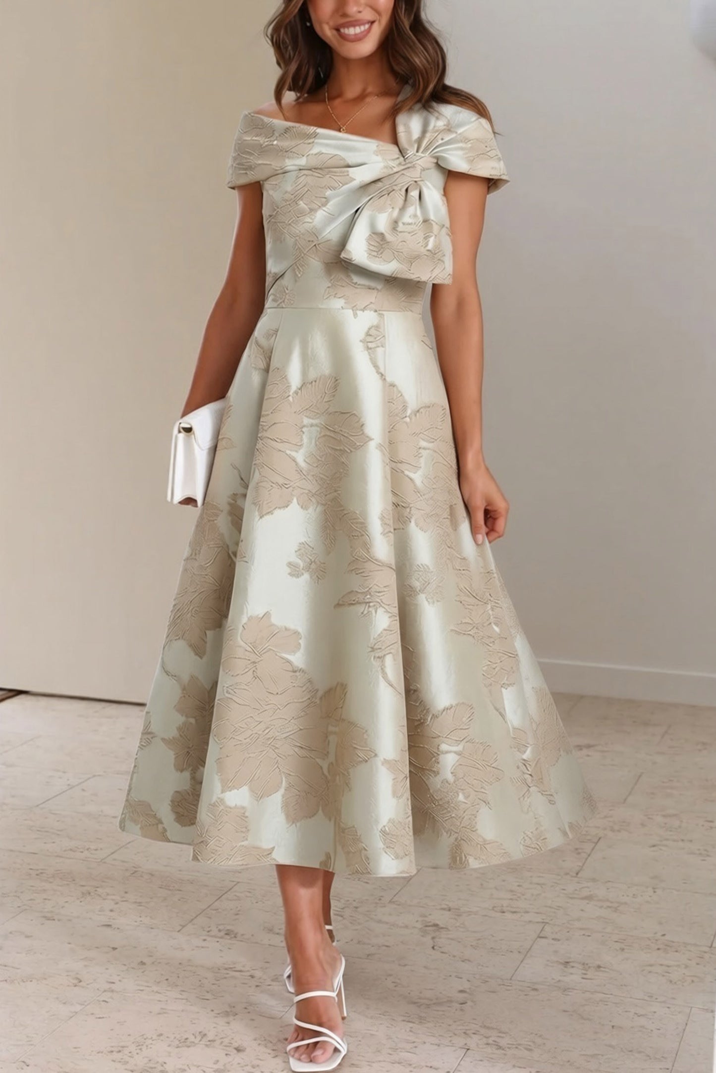 A-Line Tea Length Jacquard Mother of the Bride Dress CM0413