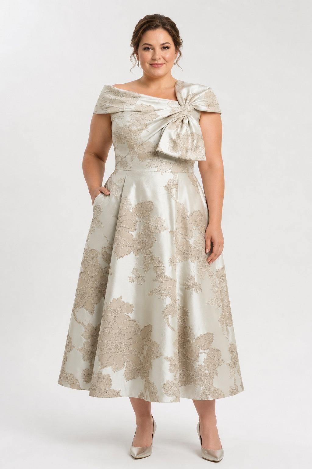 A-Line Tea Length Jacquard Mother of the Bride Dress CM0413 - Champagne Floral - COCOMELODY