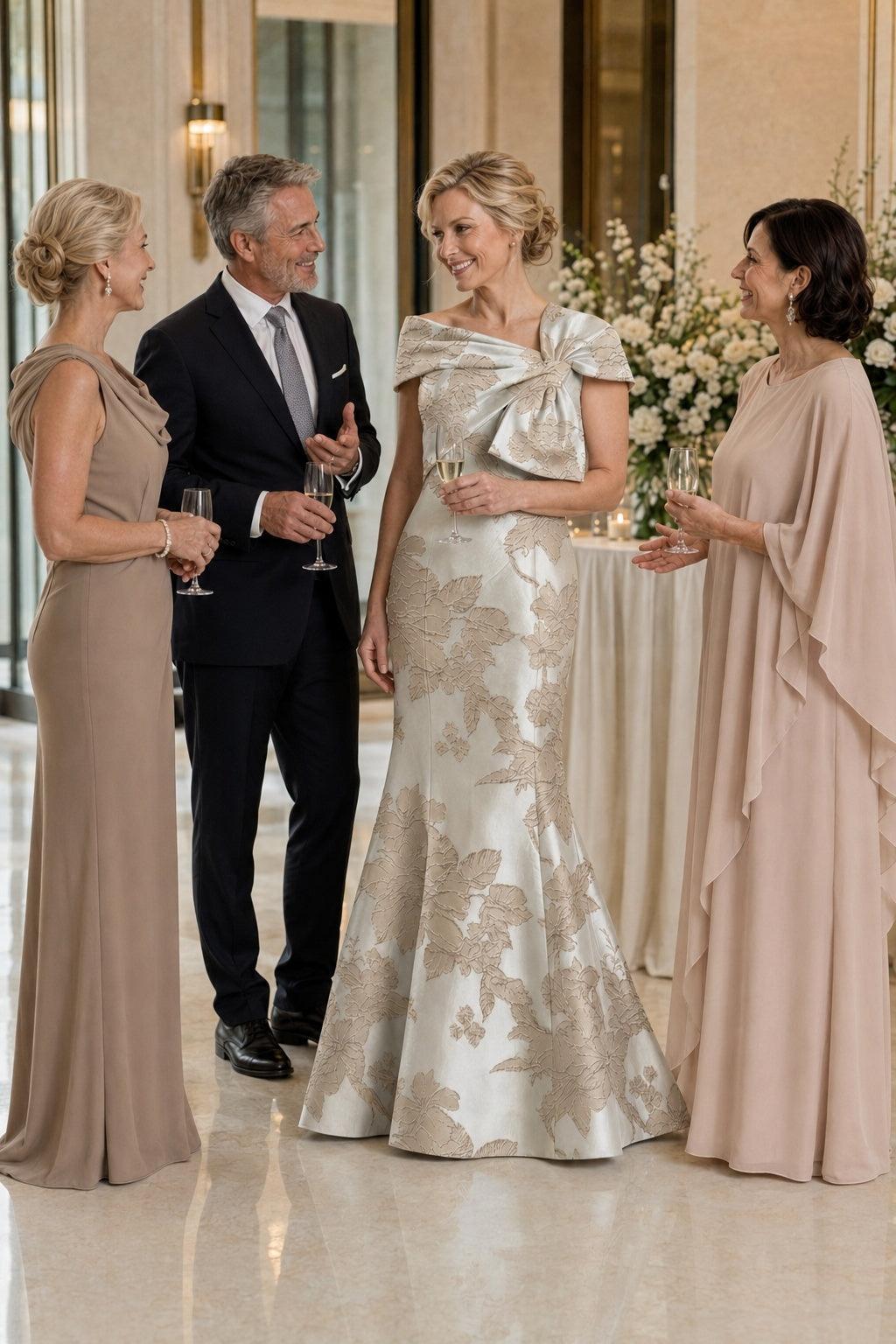 Trumpet-Mermaid Floor Length Jacquard Mother of the Bride Dress CM0414 - Champagne Floral - COCOMELODY