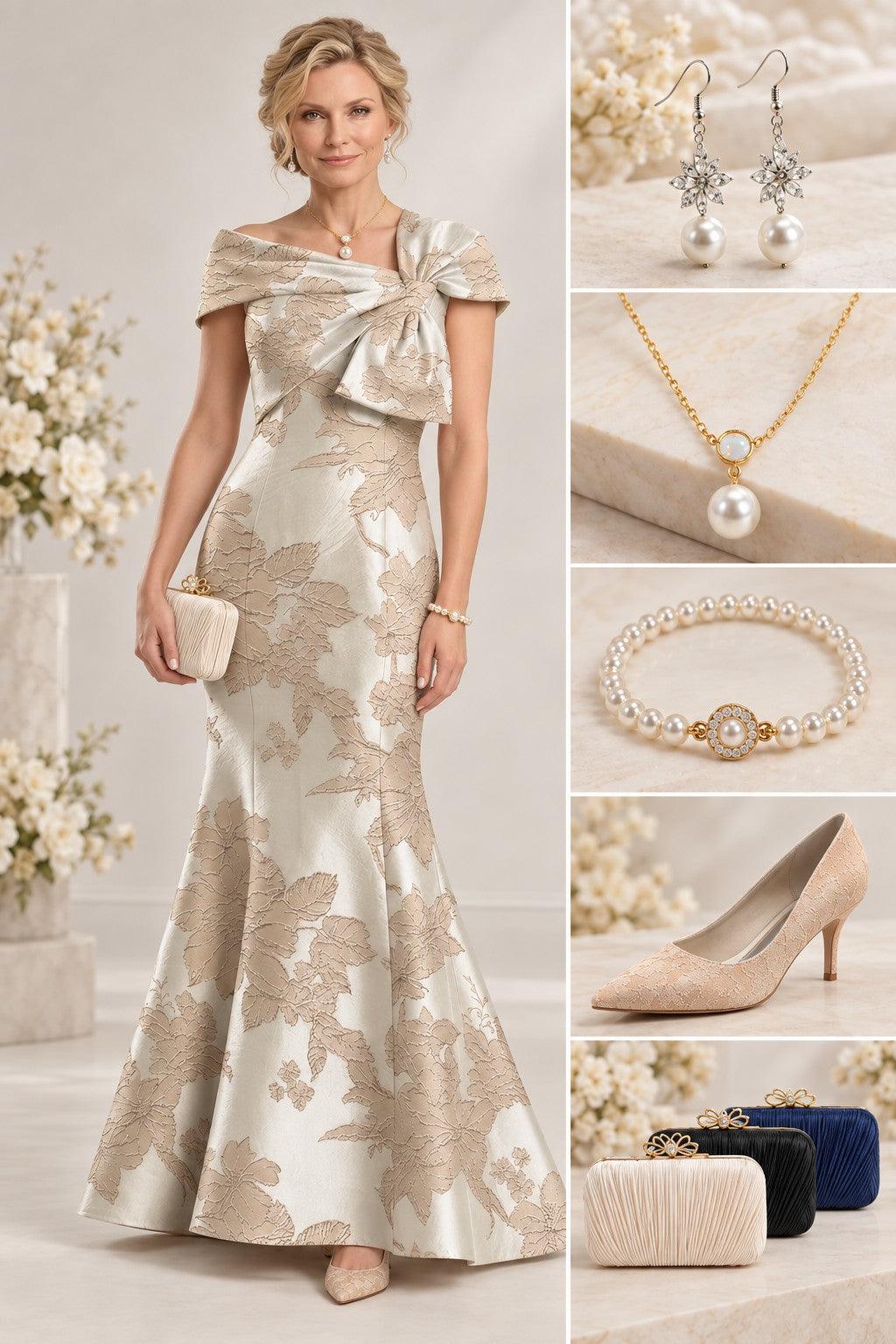 Trumpet-Mermaid Floor Length Jacquard Mother of the Bride Dress CM0414 - Champagne Floral - COCOMELODY