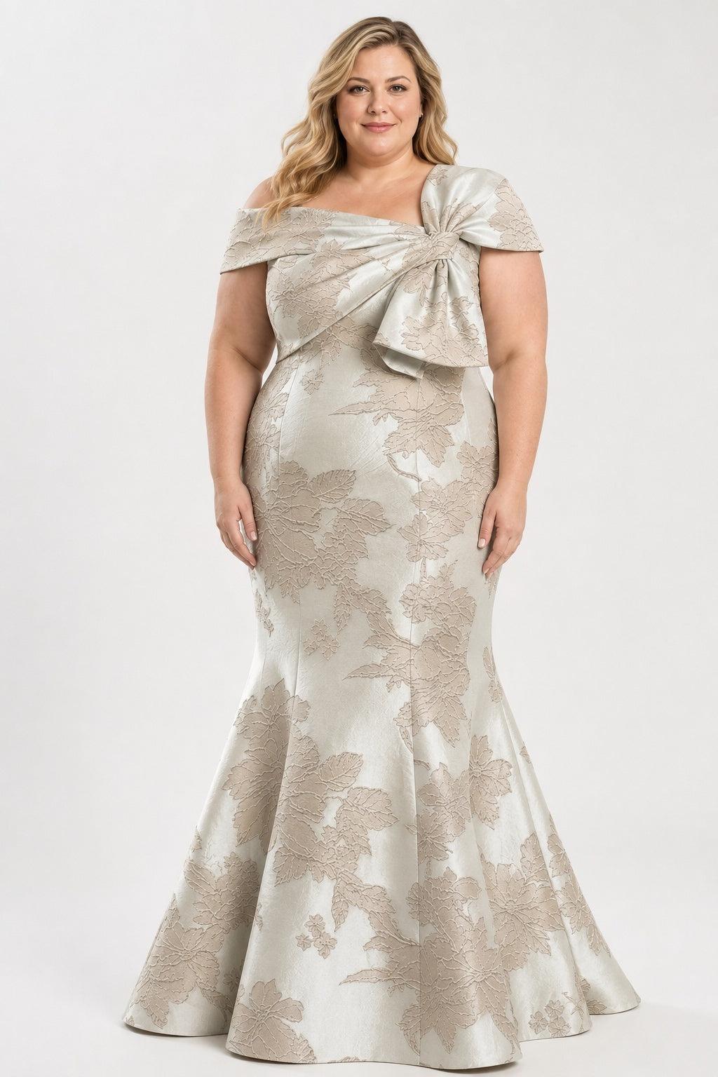 Trumpet-Mermaid Floor Length Jacquard Mother of the Bride Dress CM0414 - Champagne Floral - COCOMELODY