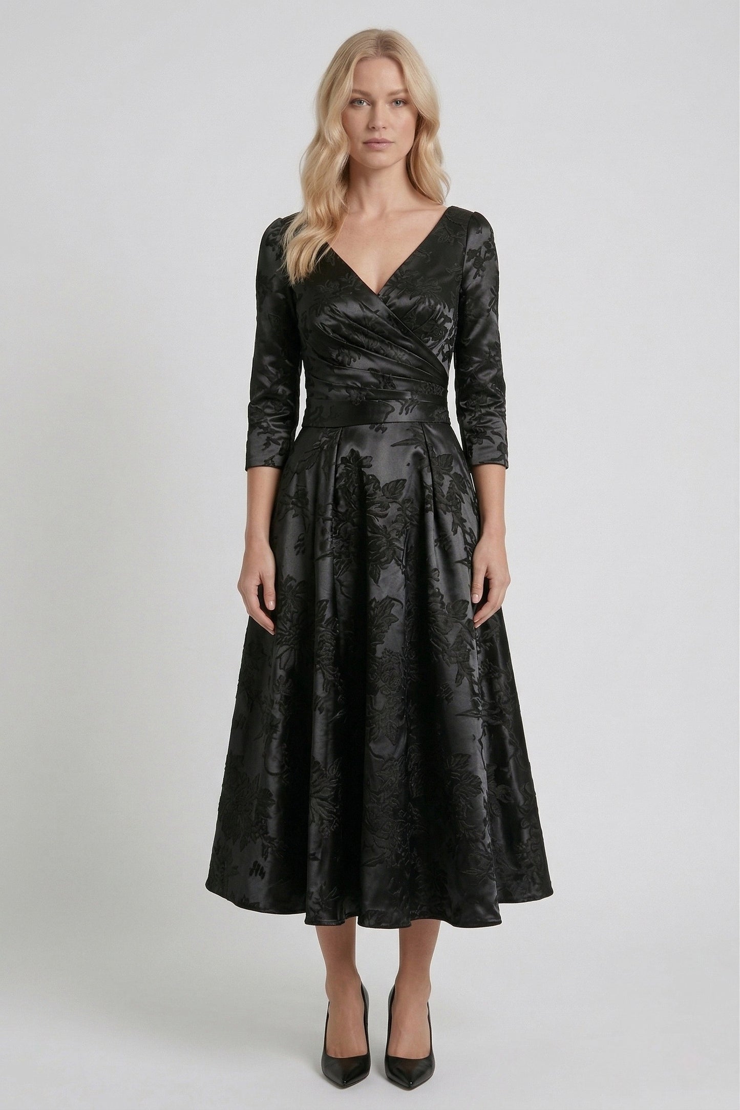 A-Line Tea-Length Jacquard Mother of the Bride Dress CM0415
