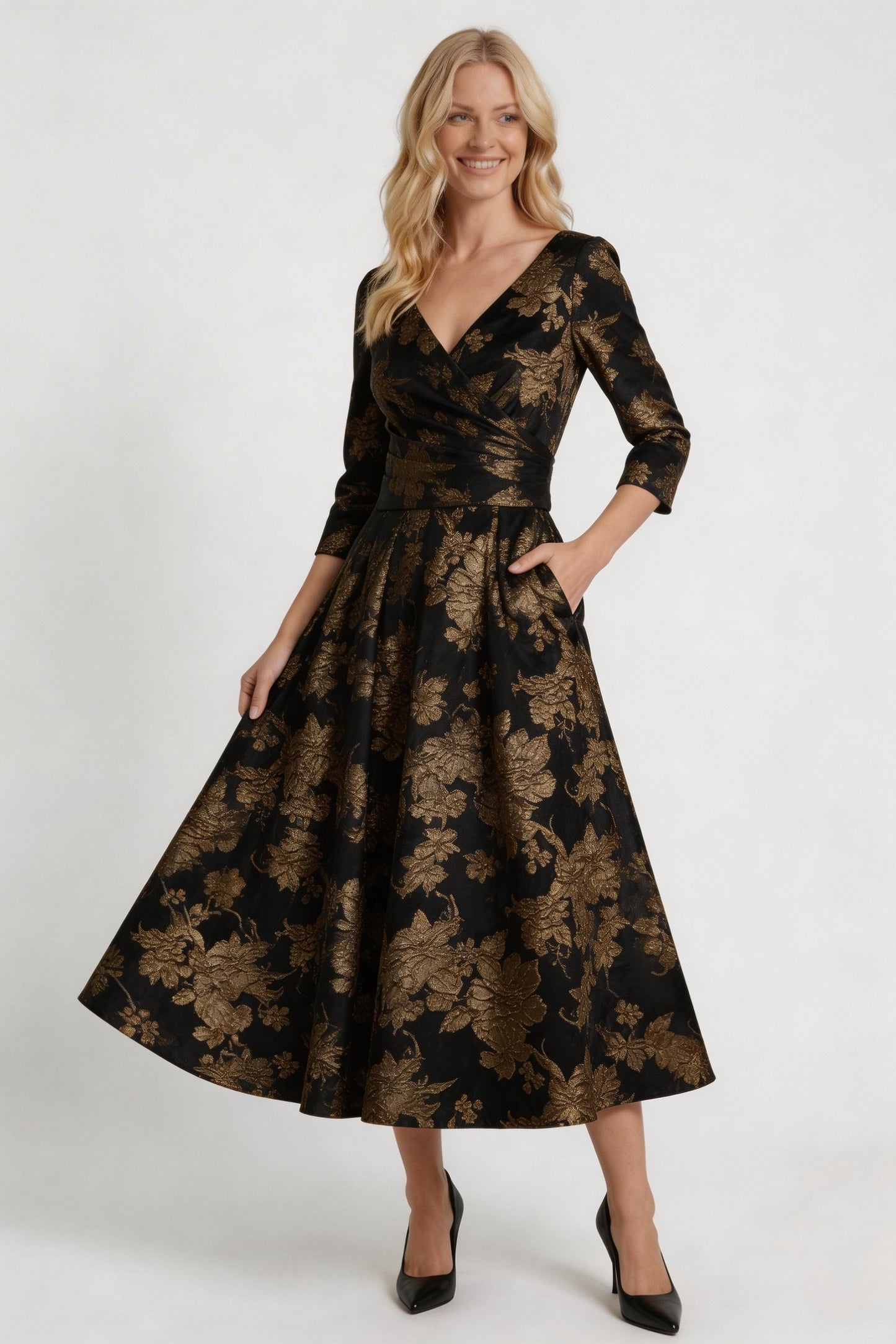 A-Line Tea-Length Jacquard Mother of the Bride Dress CM0415