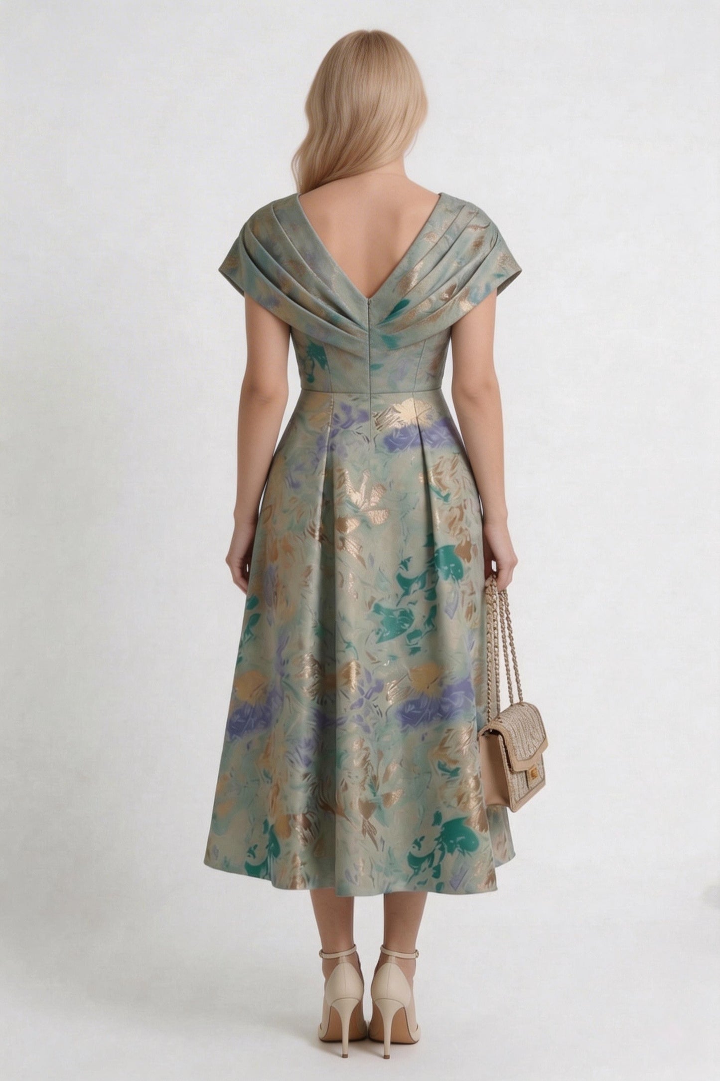 A-Line Tea-Length Jacquard Mother of the Bride Dress CM0417