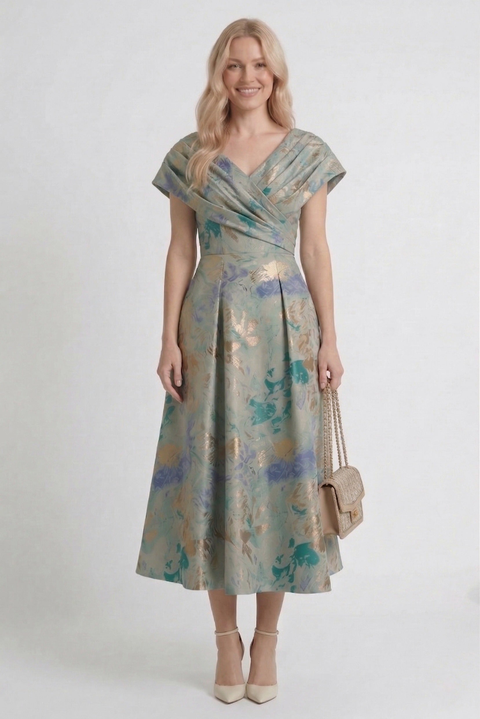 A-Line Tea Length Jacquard Mother of the Bride Dress V-Neck Pleated Wedding Guest Dress COCOMELODY CM0417, Light Blue Floral