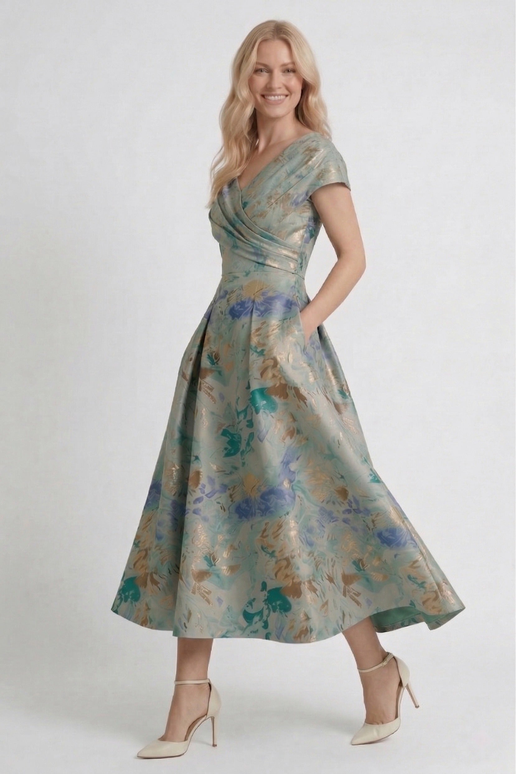 A-Line Tea Length Jacquard Mother of the Bride Dress V-Neck A-Line Tea Length Jacquard Mother of the Bride Dress V-Neck