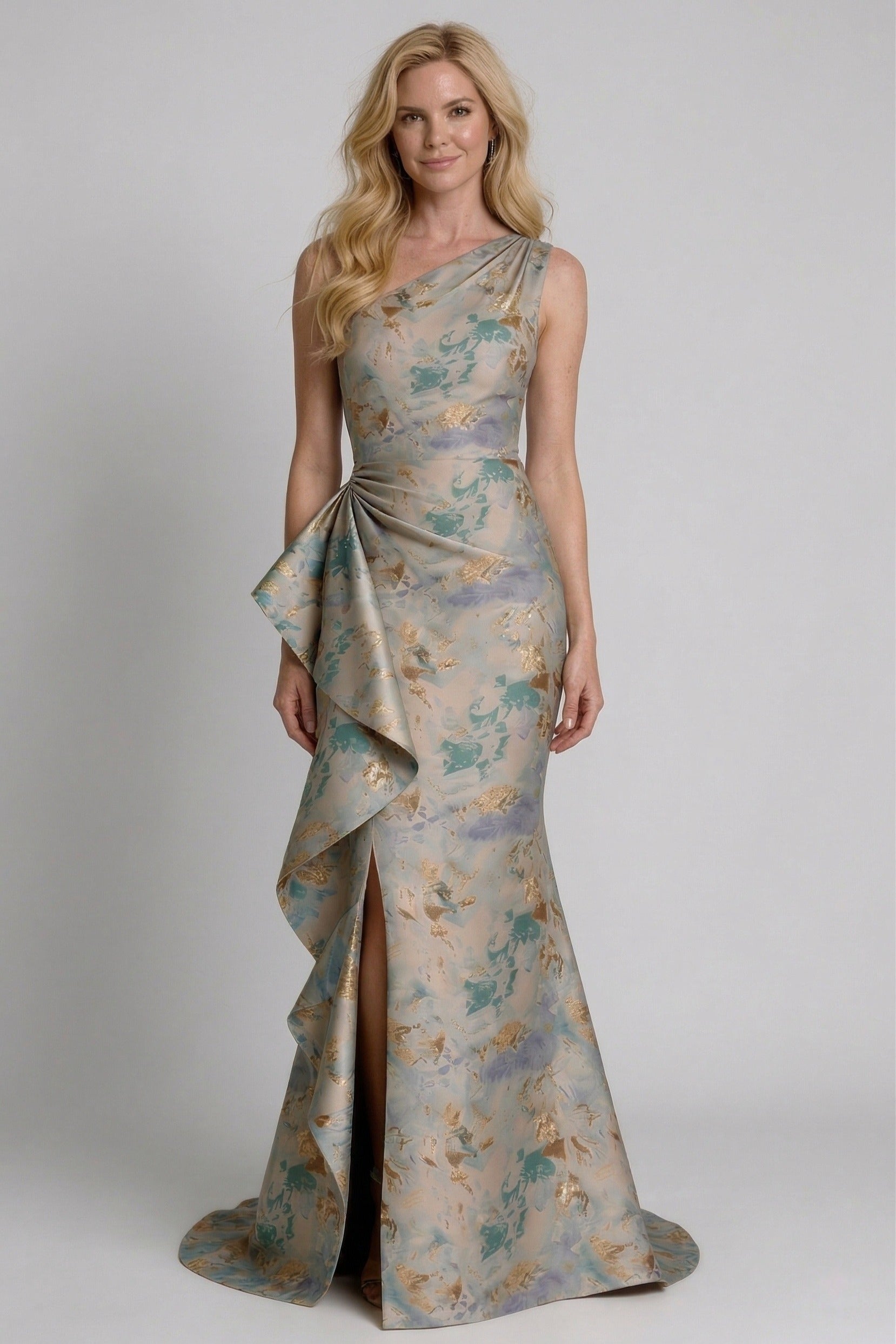 Mermaid Floor Length Jacquard Mother Dress with Slit One Shoulder Ruffled Formal Gown COCOMELODY CM0419, Candy Pink Floral