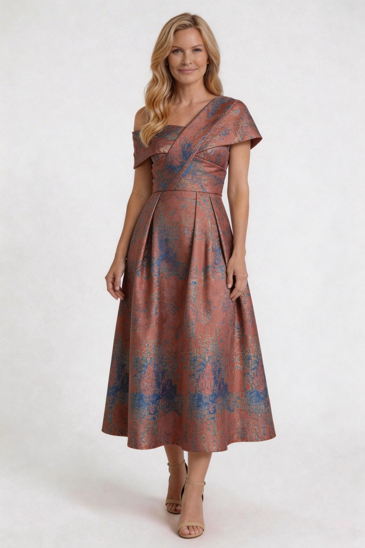 A-Line Tea-Length Jacquard Mother of the Bride Dress CM0421