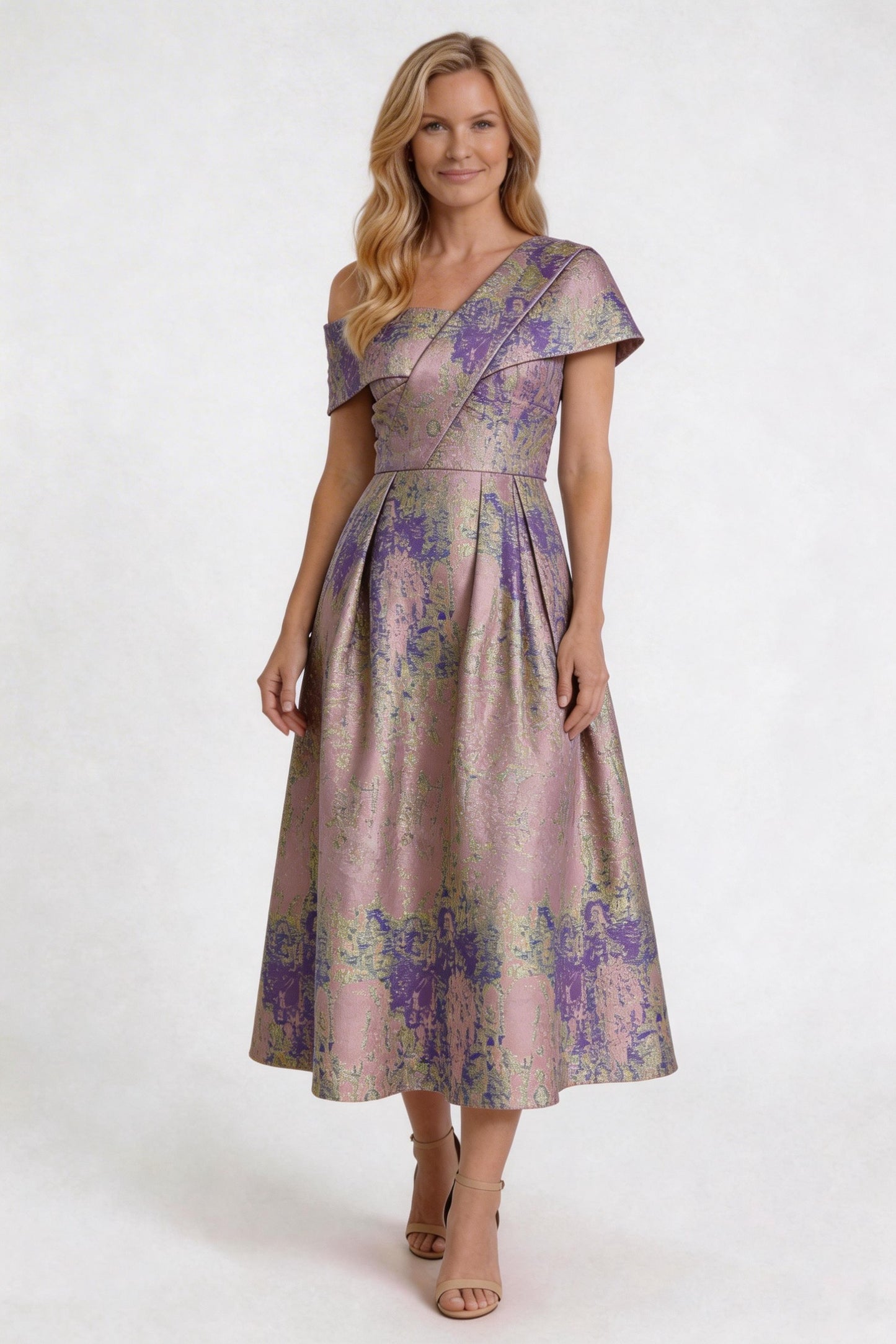 A-Line Tea-Length Jacquard Mother of the Bride Dress CM0421