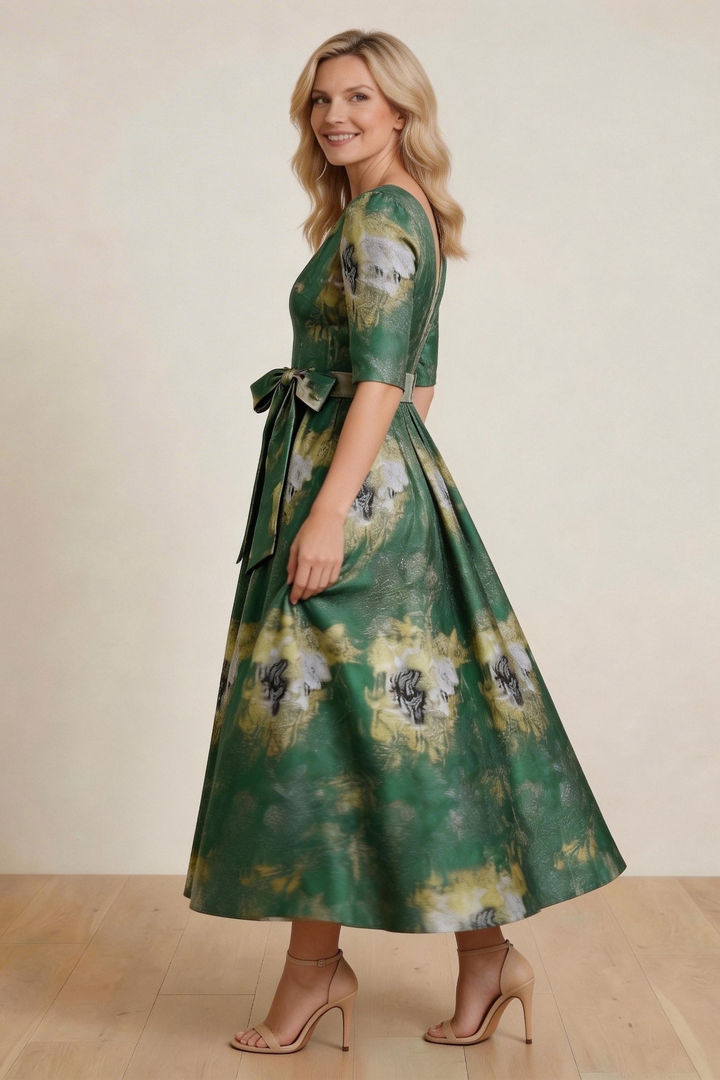 A-Line Tea-Length Jacquard Mother of the Bride Dress CM0424