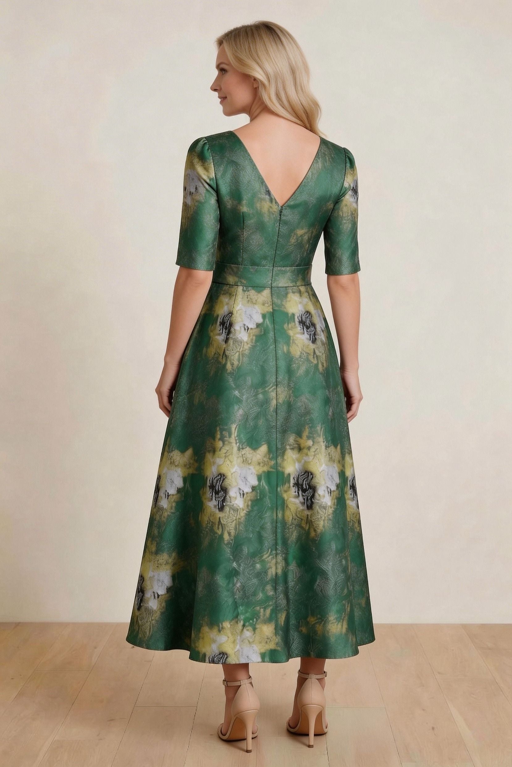 A-Line Tea-Length Jacquard Wedding Guest Mother of the Bride Dress COCOMELODY CM0424, Hot Fuchsia Floral A-Line Tea-Length Jacquard Wedding Guest Mother of the Bride Dress COCOMELODY CM0424, Hot Fuchsia Floral